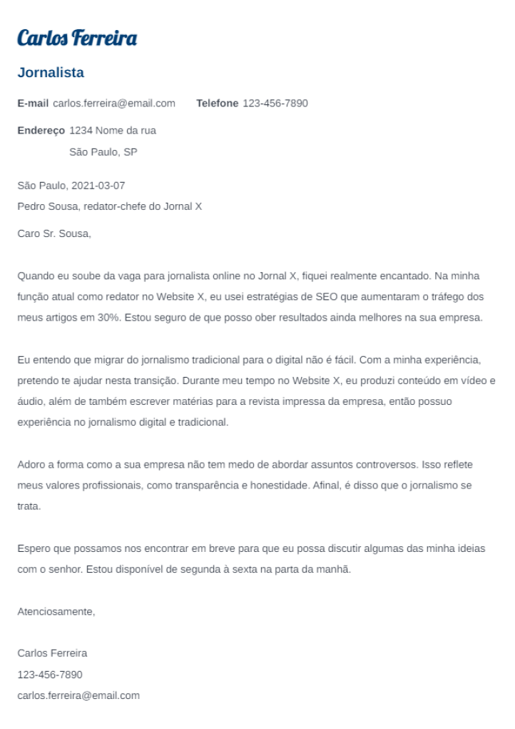 Exemplo de carta de apresentacao: Valera