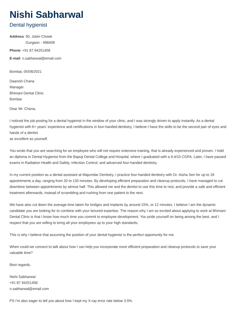 Indian cover letter made with ResumeLab's Cover Letter Builder (newcast template)
