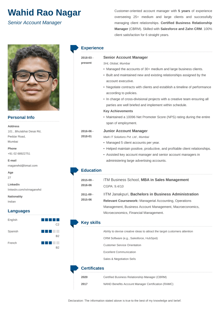 Muse Indian CV Format made with ResumeLab CV maker