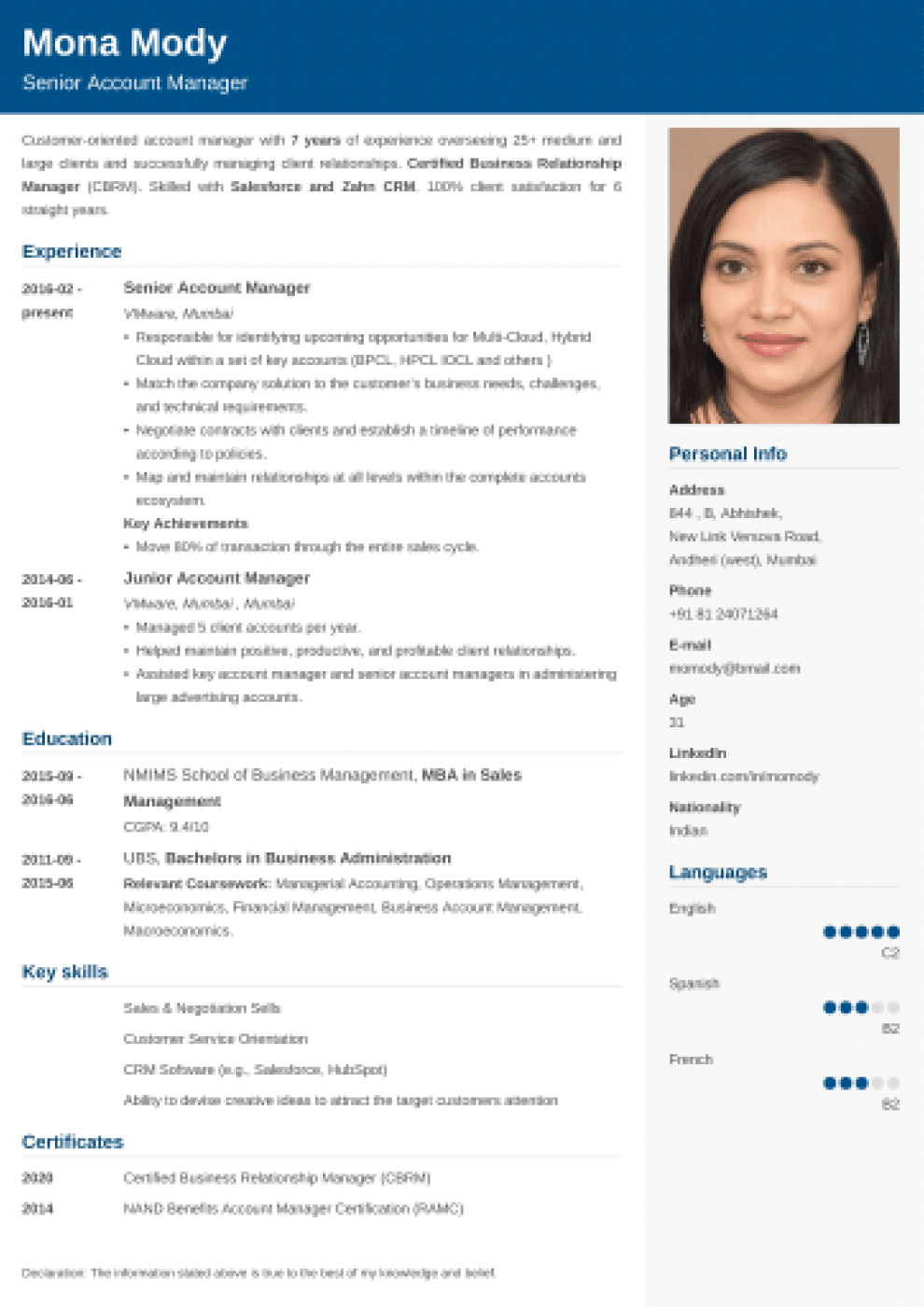 Cubic Indian CV Format