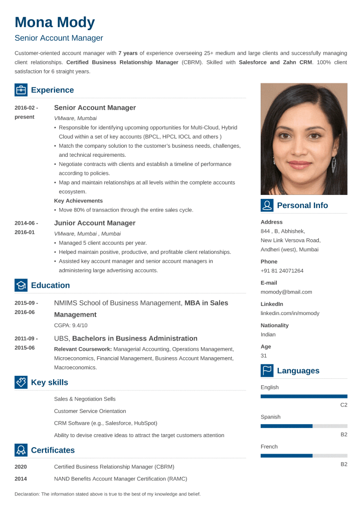 resume format for indian company