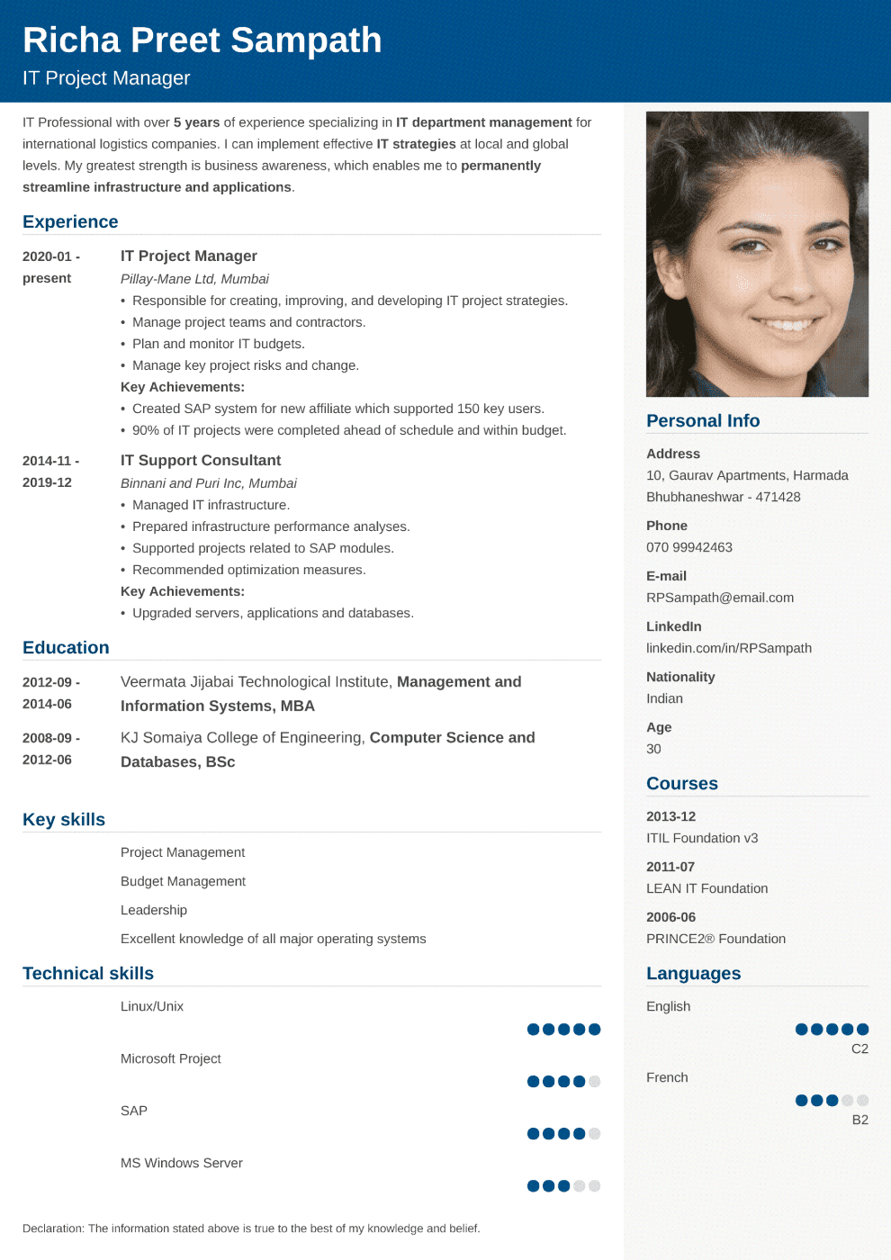 resume examples for job india