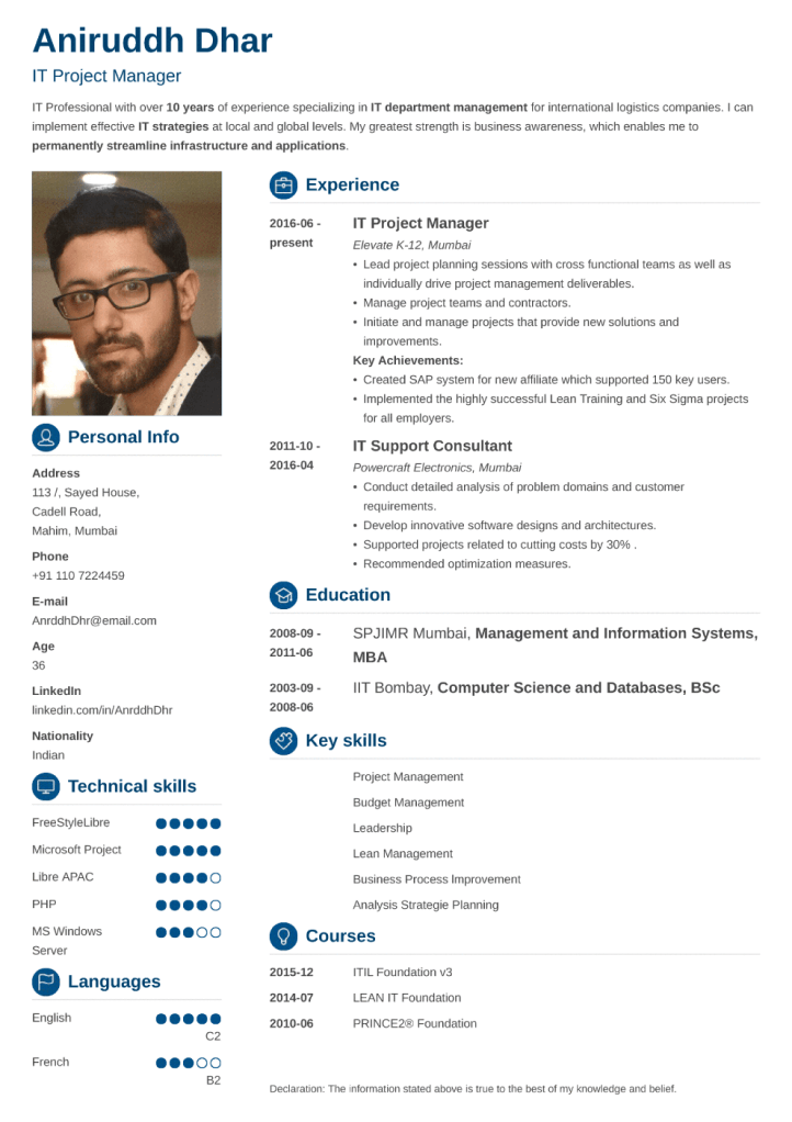 Indian resume sample made with crisp format