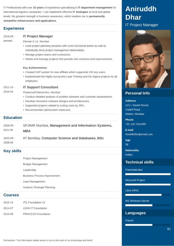  Indian resume sample made with enfold format