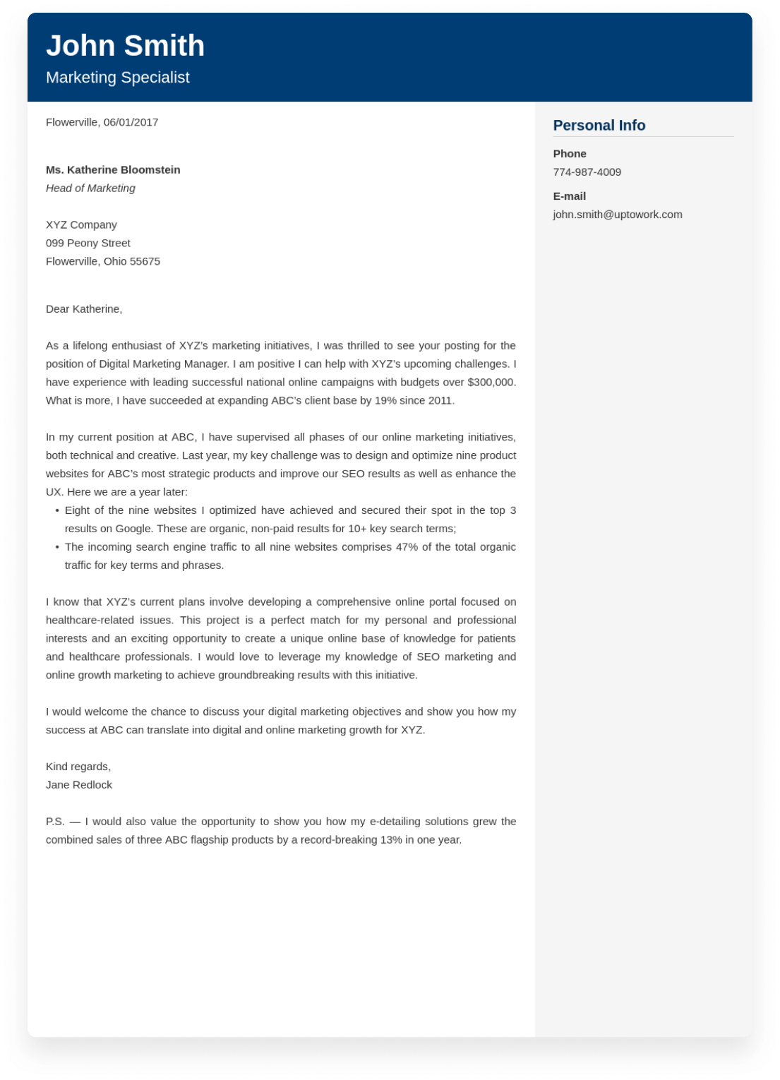 Sample Cover Letter Created With ResumeLab Builder