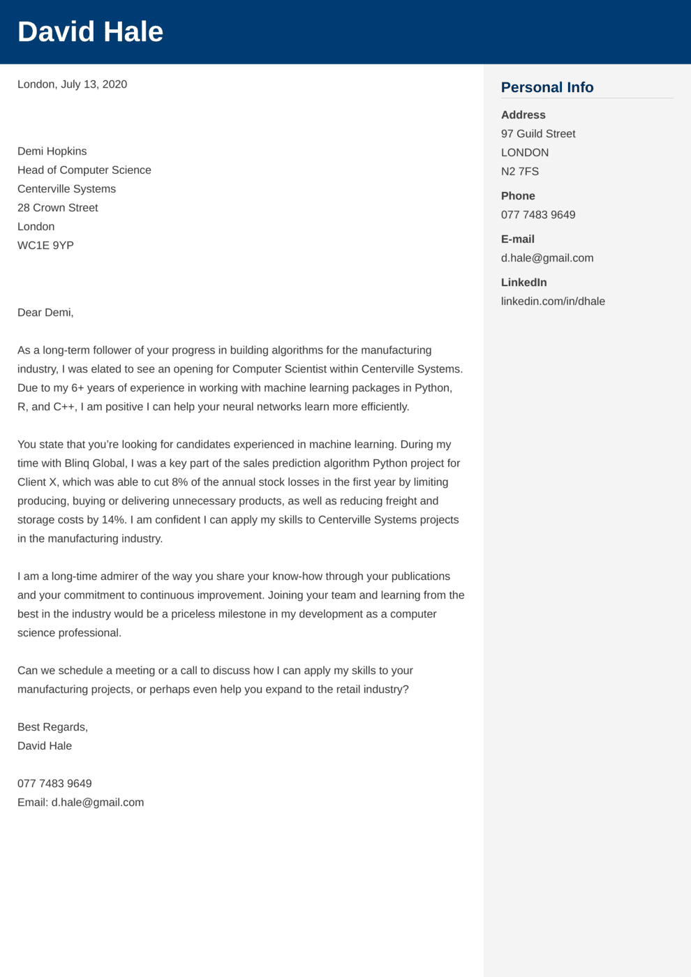 Computer Science Cover Letter Example