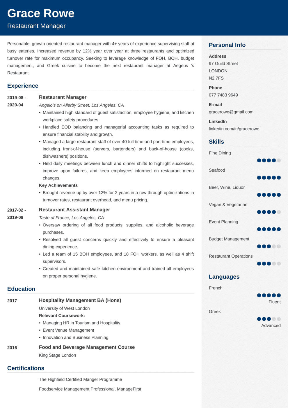 Restaurant Manager CV Example