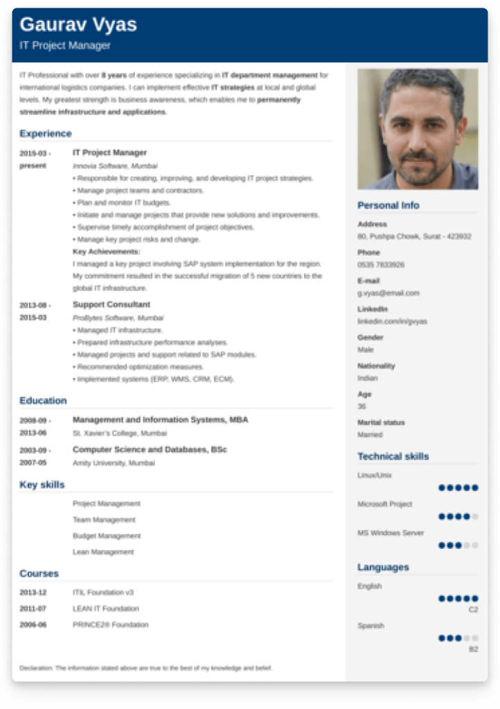 Example of a resume template