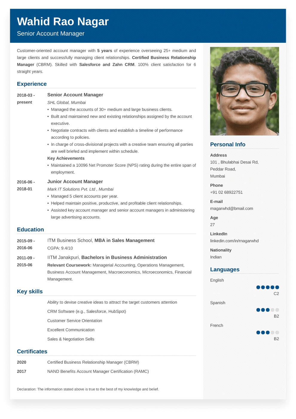 Sample Indian CV Created With ResumeLab CV Builder