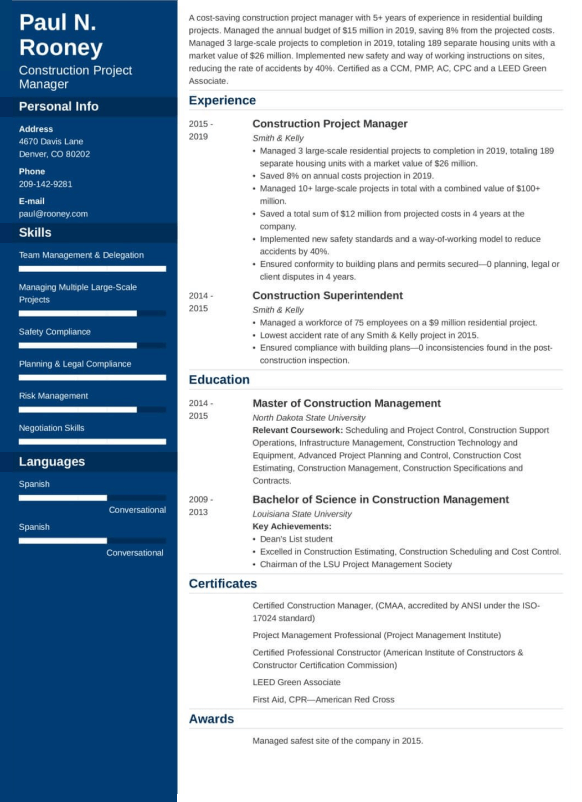 Construction project manager resume example