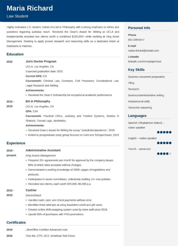 Law Student CV example
