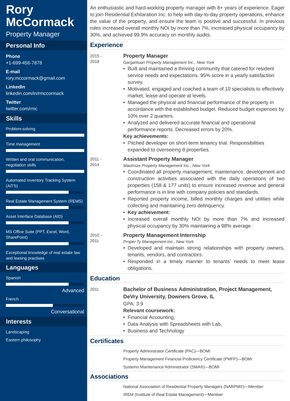 Property manager CV example