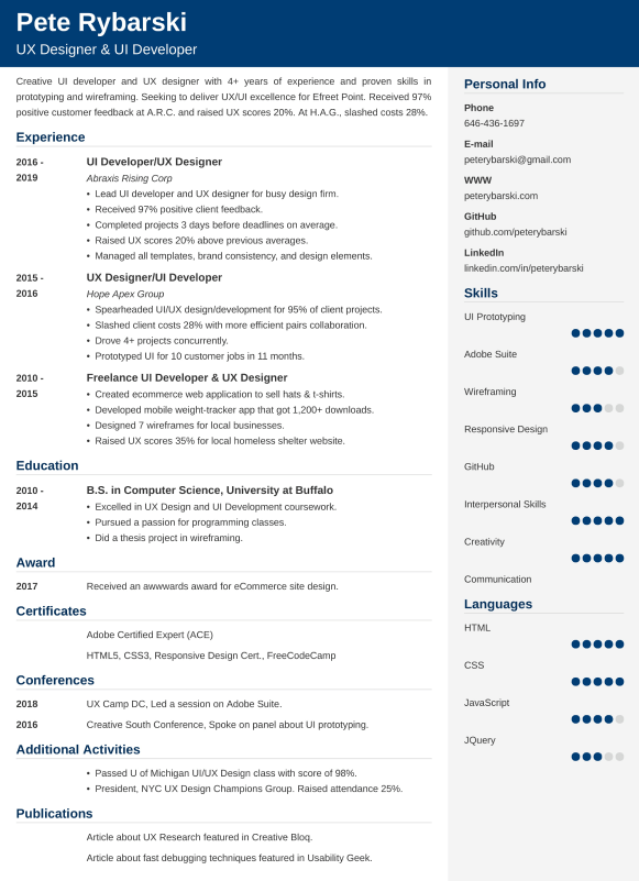 ux designer & ui developer resume example
