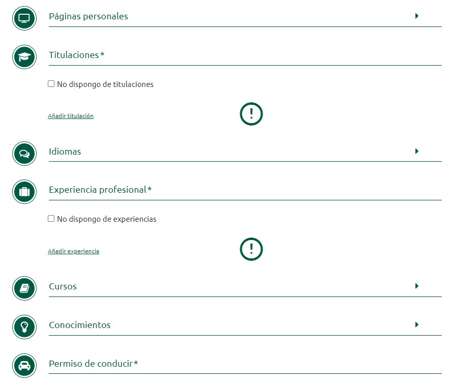 Secciones del formulario - Masymas currículum