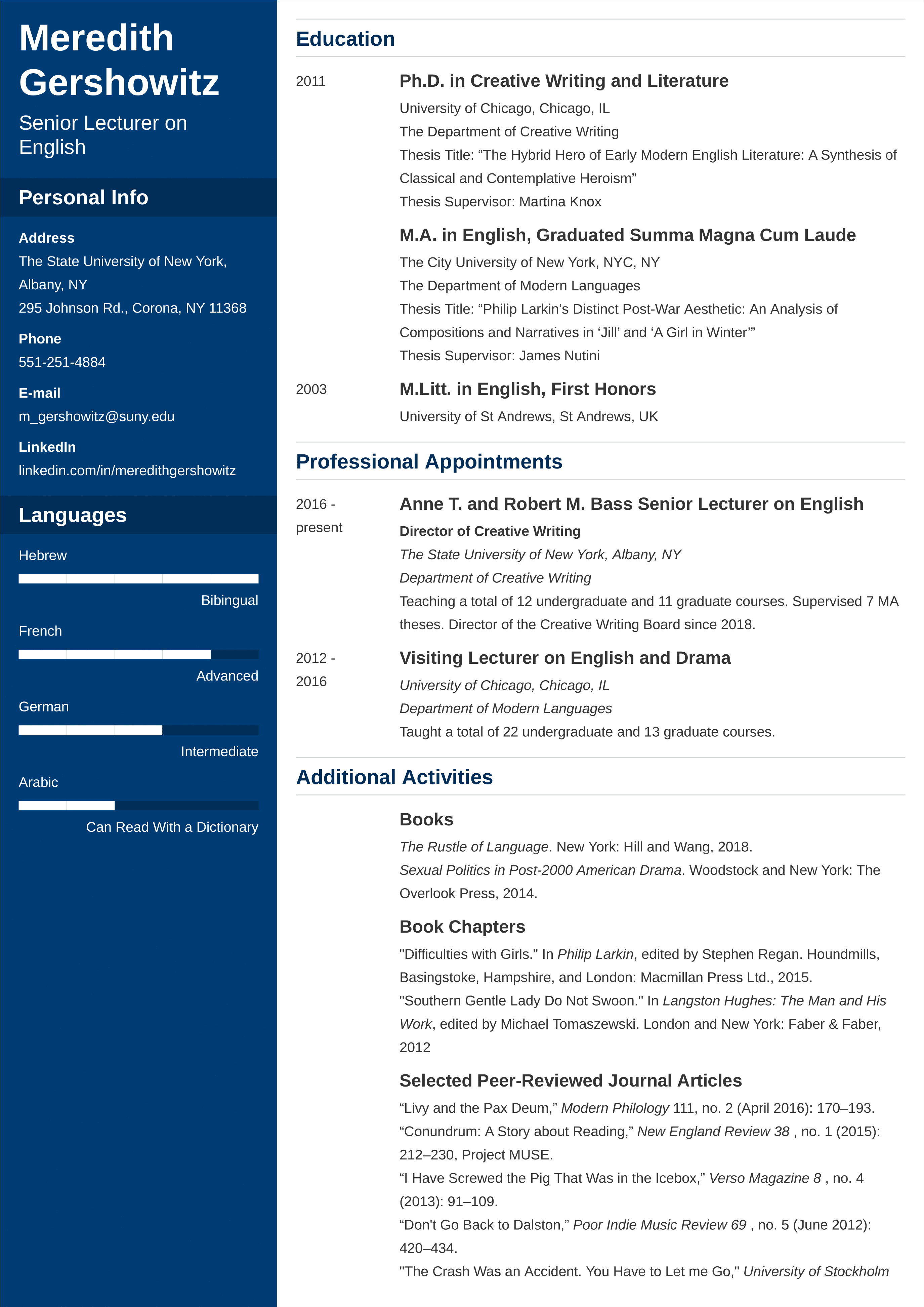 academic cv for phd application example