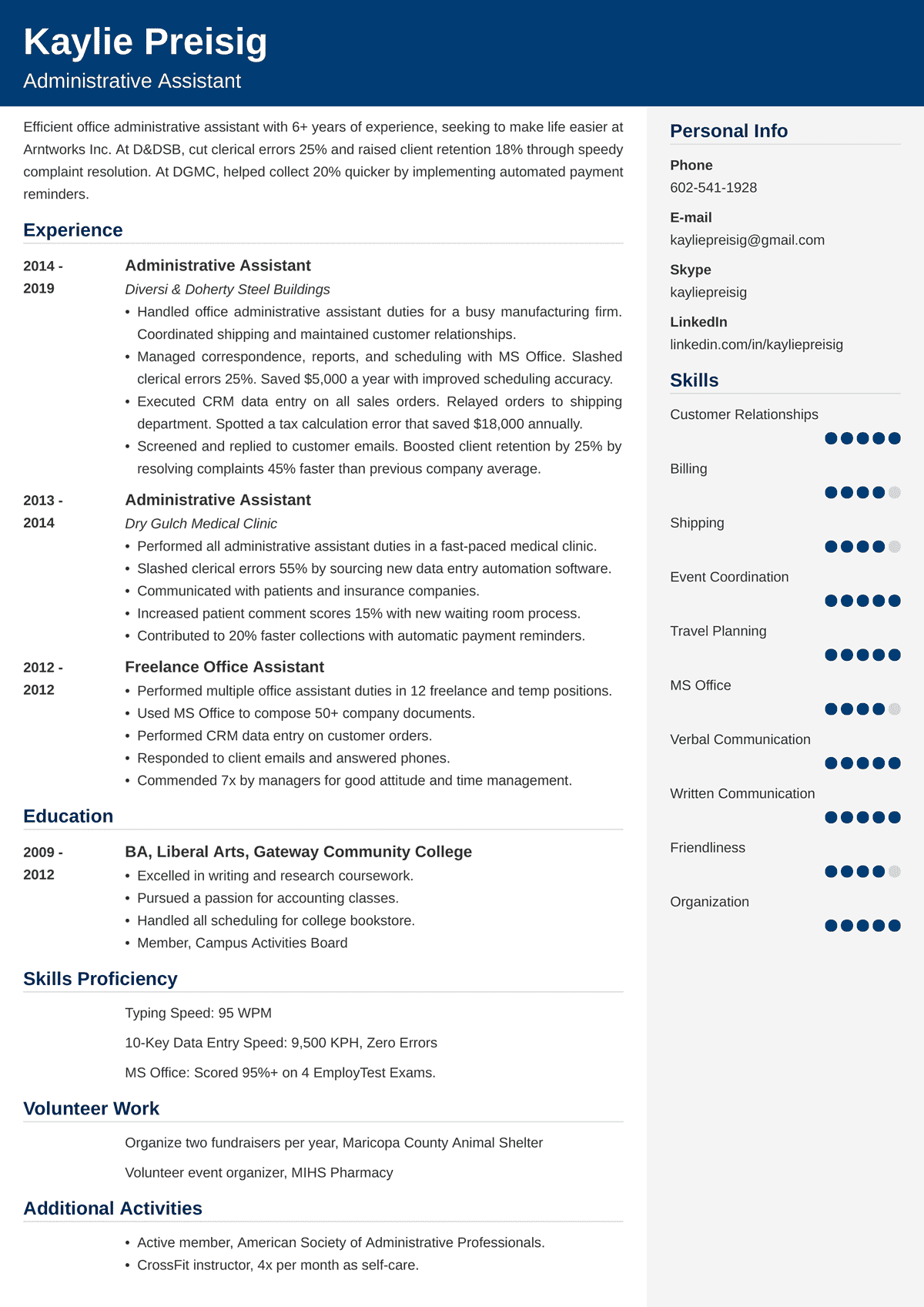 resume profile samples for administrative assistant