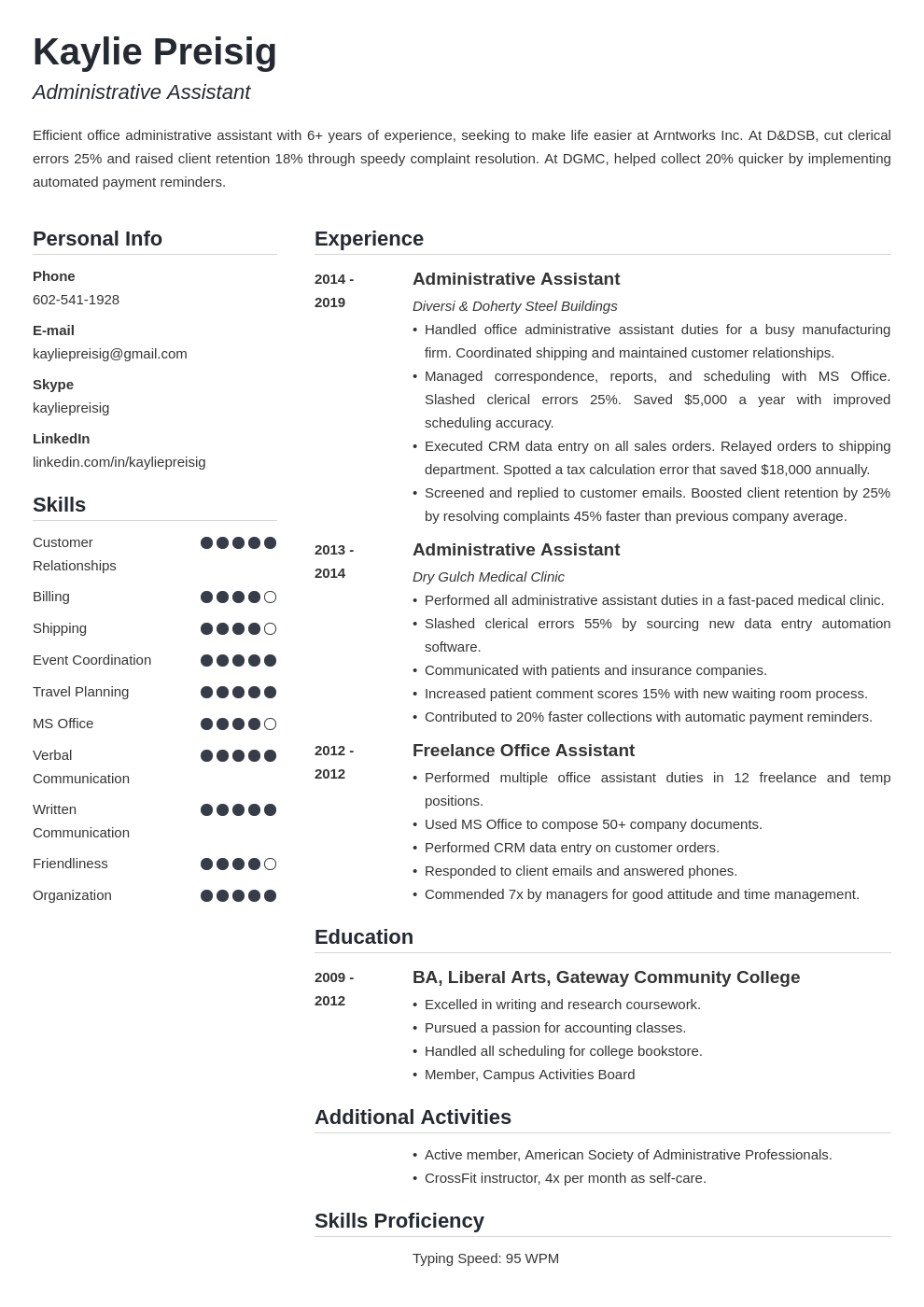 administrative assistant template simple uk