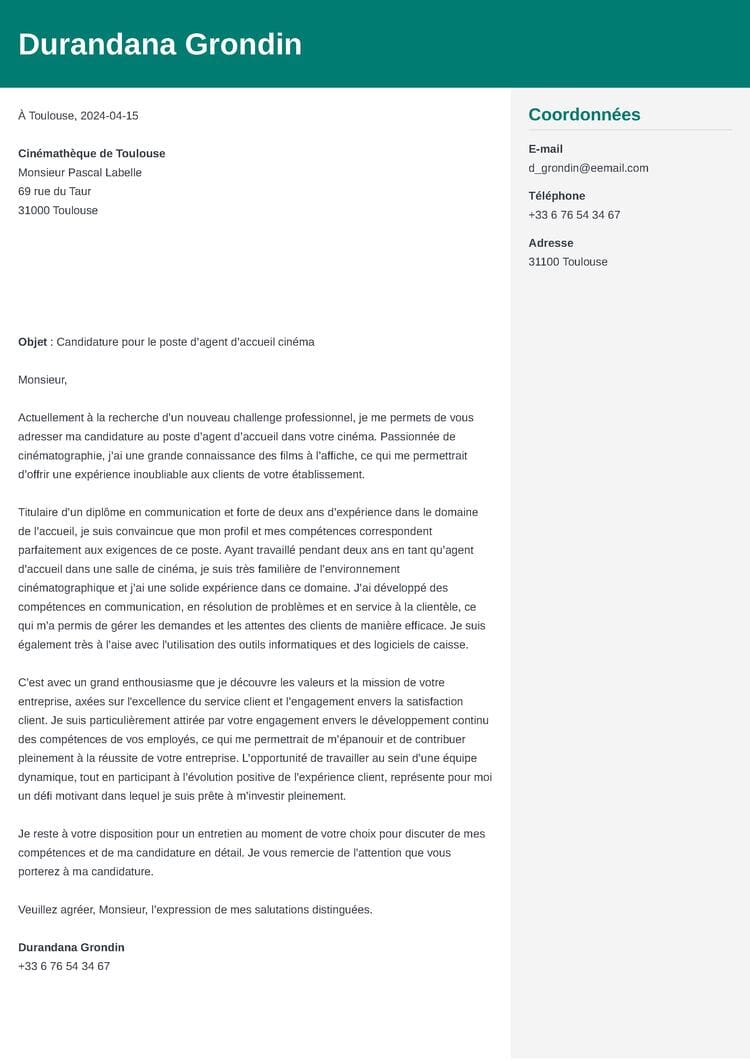 exemple de lettre de motivation agent d'accueil