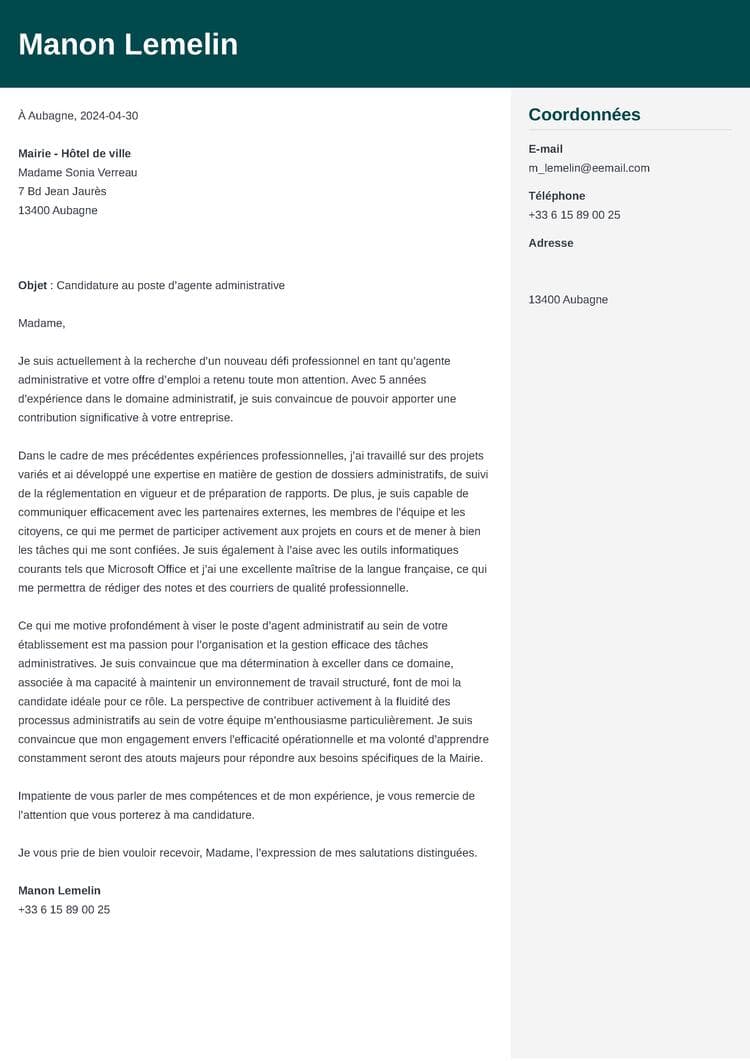 exemple de lettre de motivation agent administratif