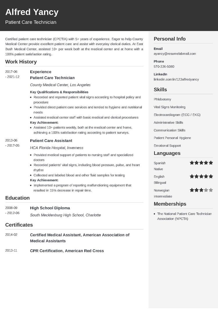 Patient Care Technician PCT Resume Sample Writing Tips