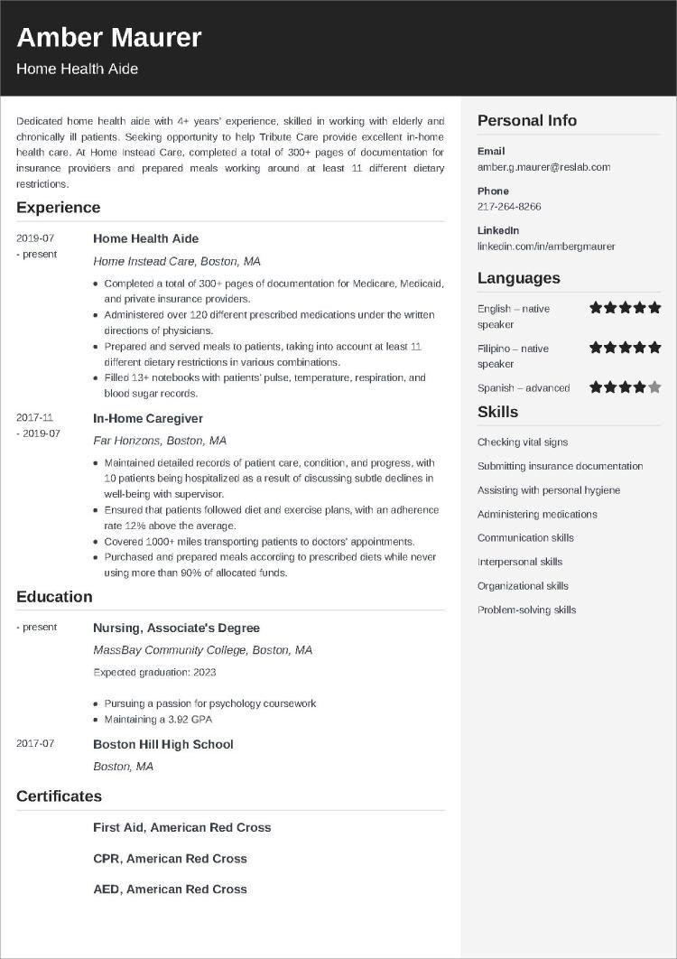 sample resume for home health aide