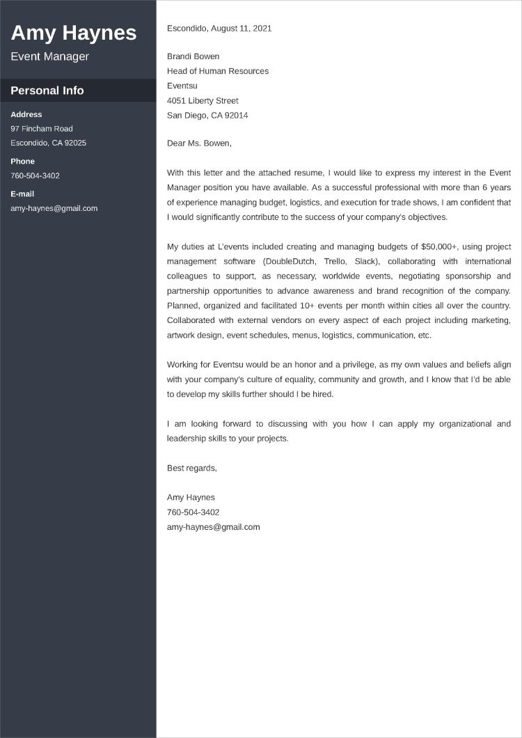 Event Manager Cover Letter Examples Templates