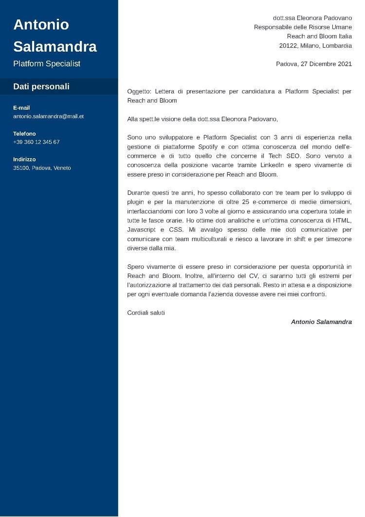 Esempio di lettera di presentazione con intestazione