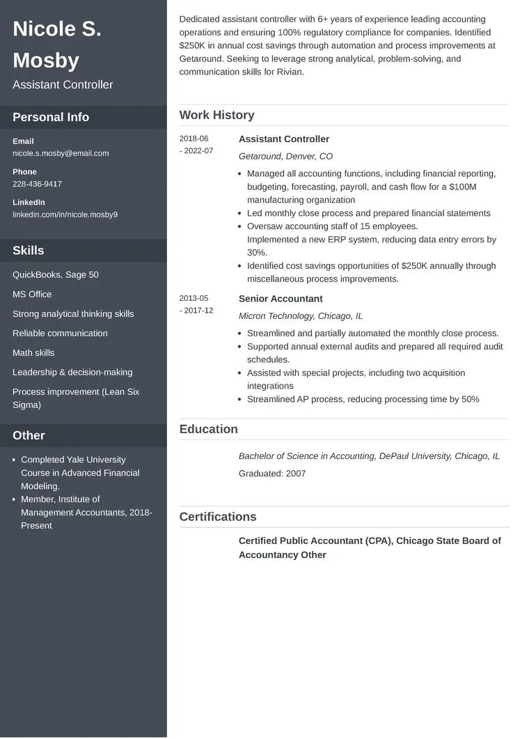 Assistant controller sample resume