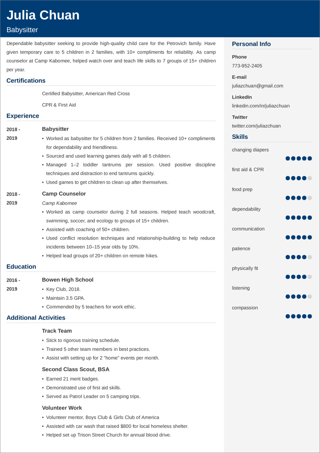 babysitter resume example