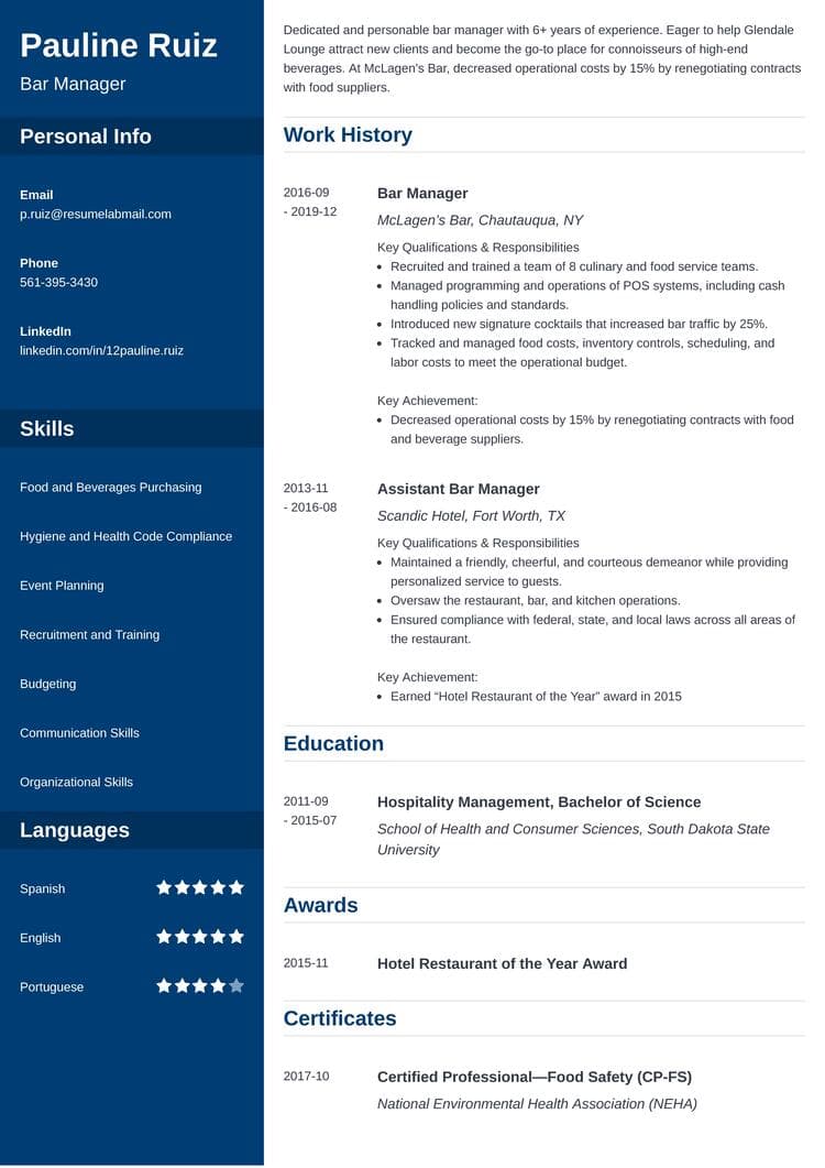 Bar Manager Resume Examples Job Description Guide