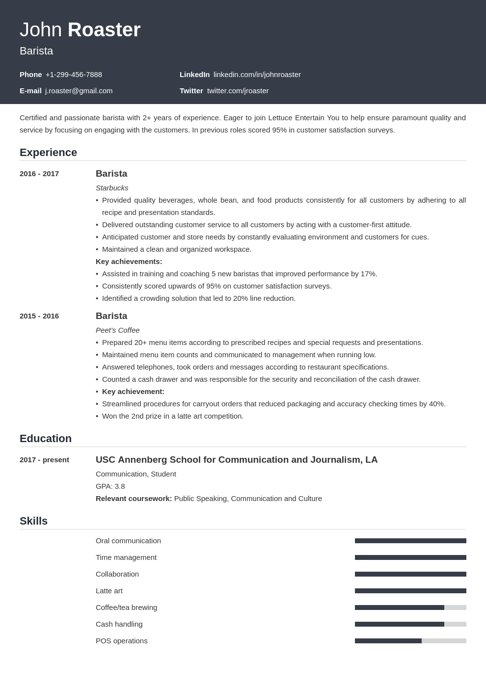 objective on resume barista