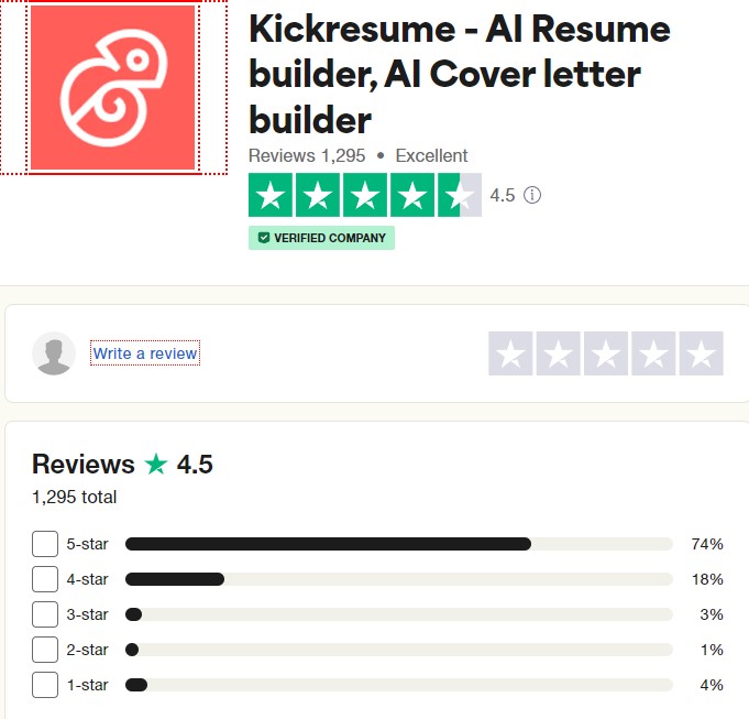 Kickresume 4,5 star customer reviews on Trustpilot