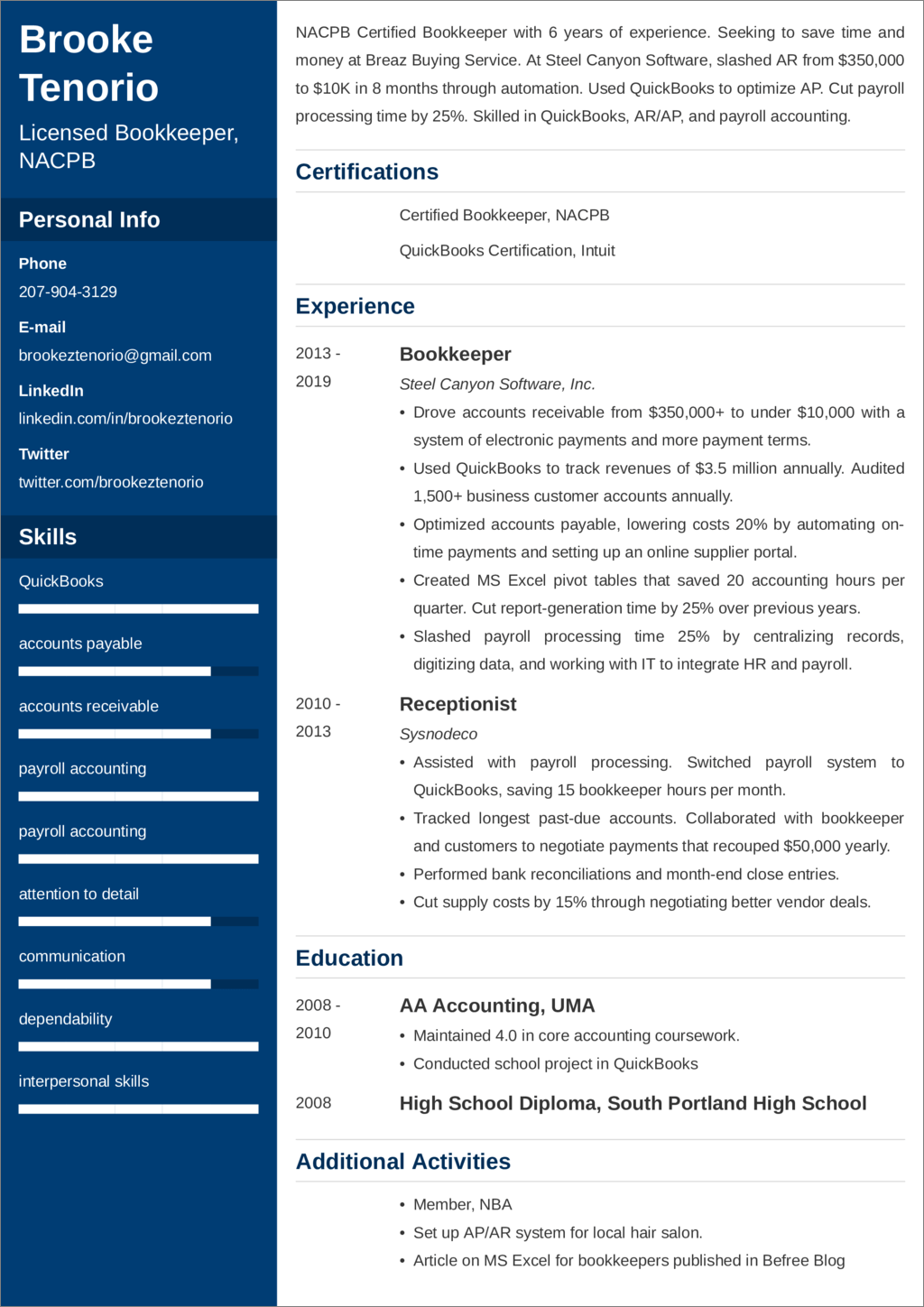 bookkeeper resume example