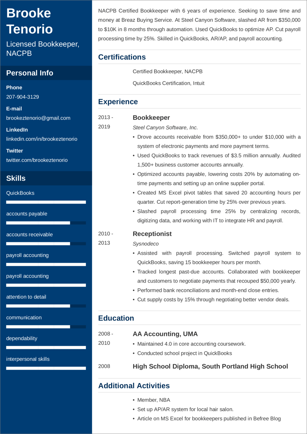bookkeeper cv example