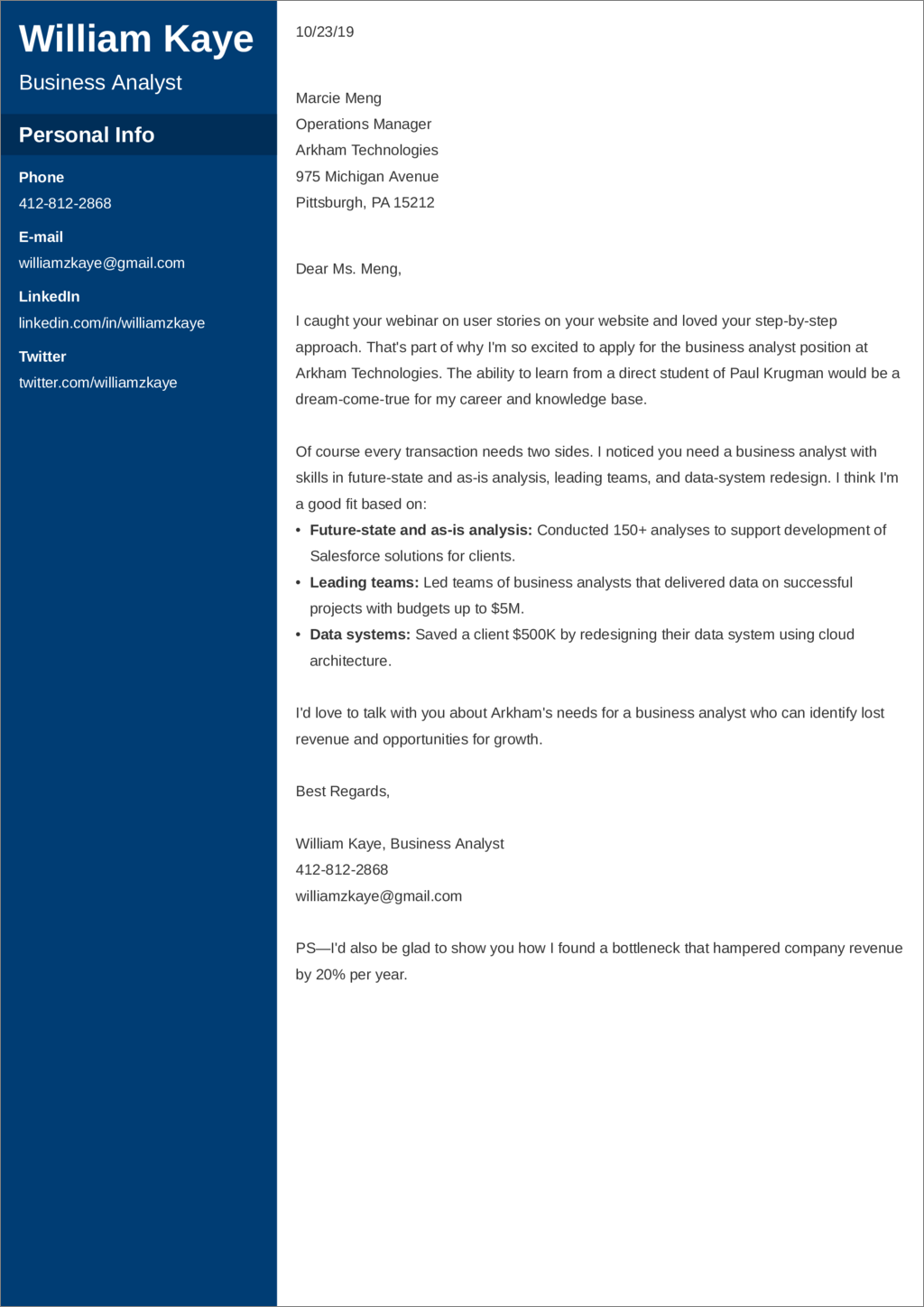 Business Analyst Cover Letter Example