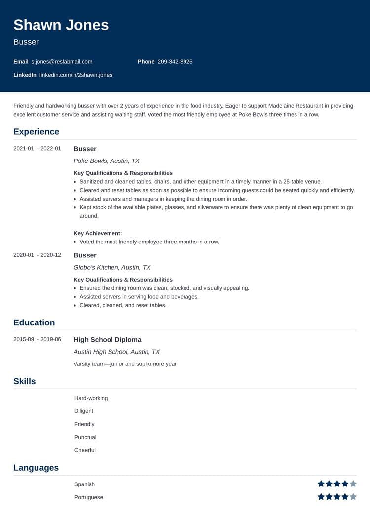 busser resume example