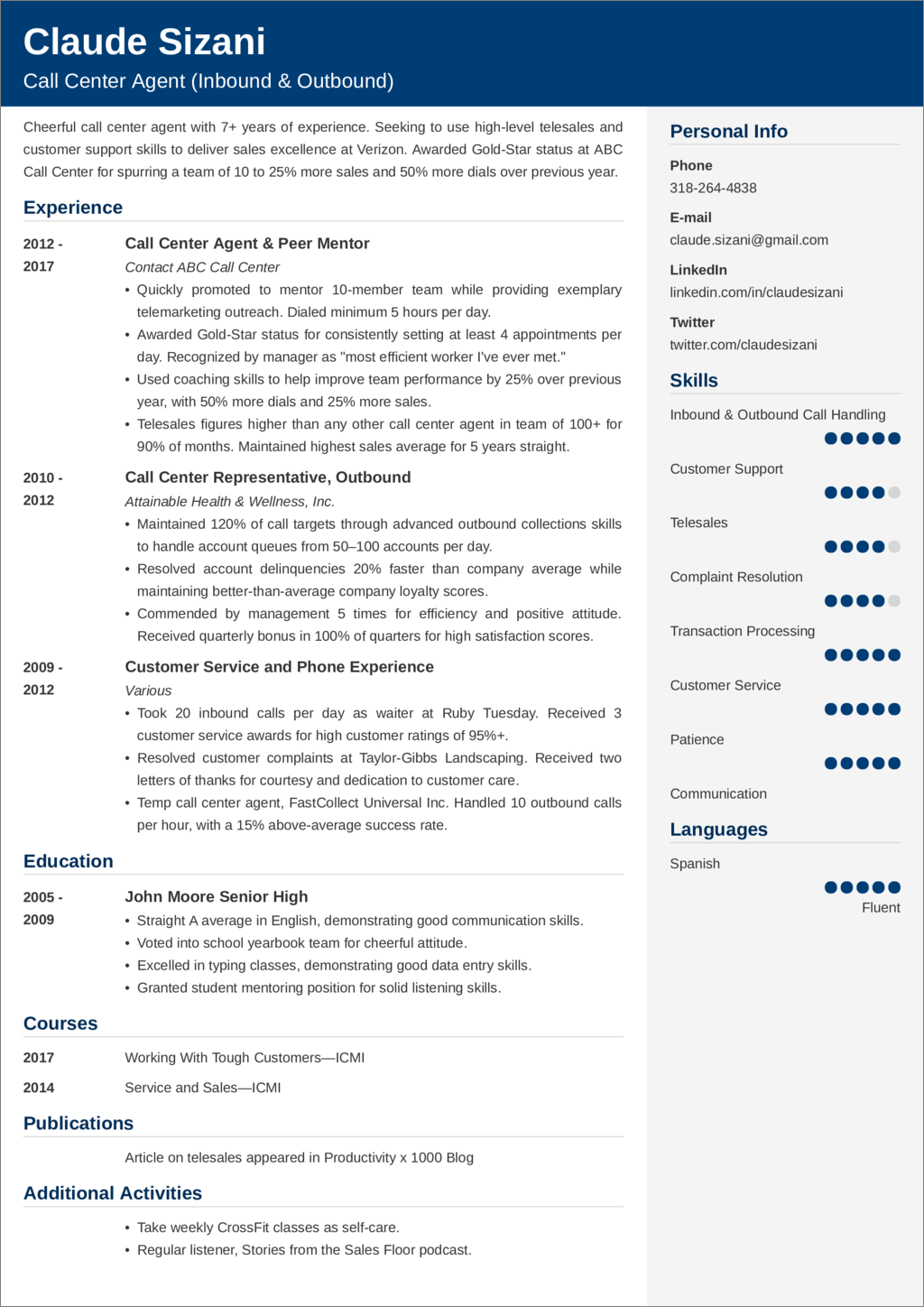 Call Center Resume Example Skills Job Description For 2024