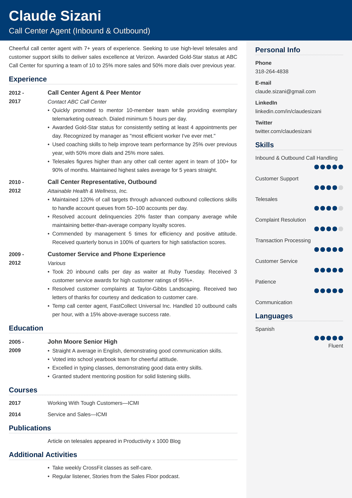 first time job seeker call center resume sample no experience