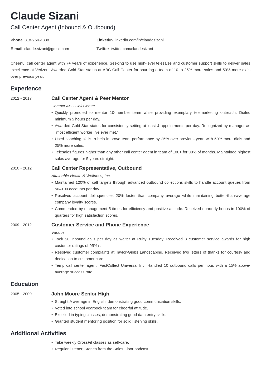 call center resume skills examples