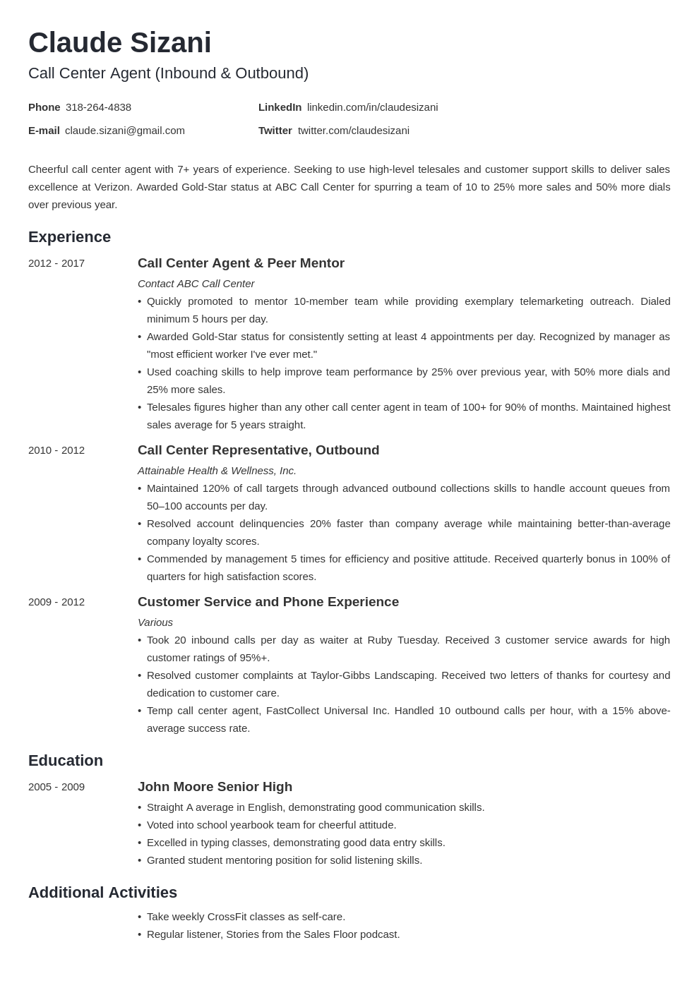 sample resume applying call center agent