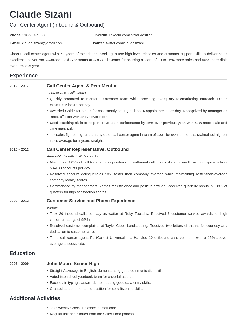 objective on resume for a call center
