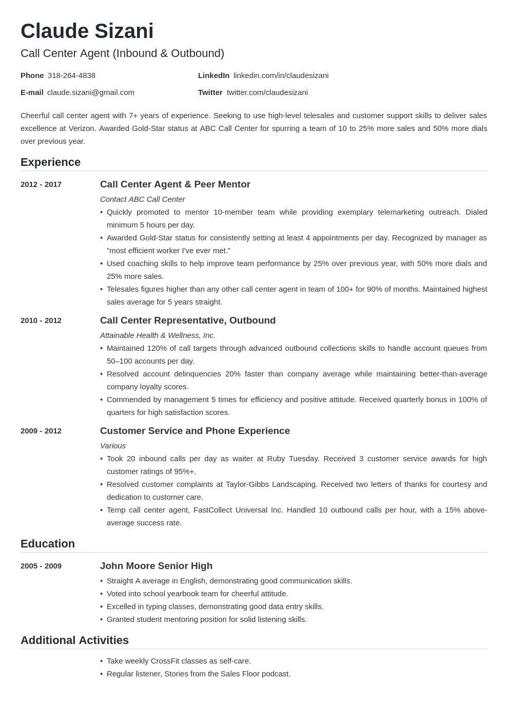 example of resume for applying call center agent