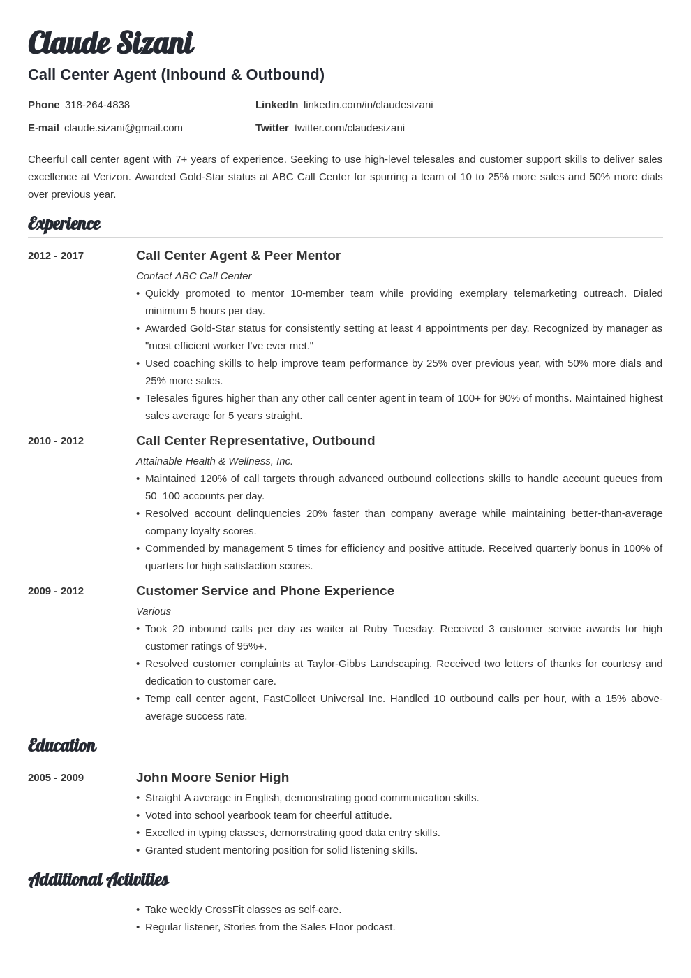 resume for call center job fresher