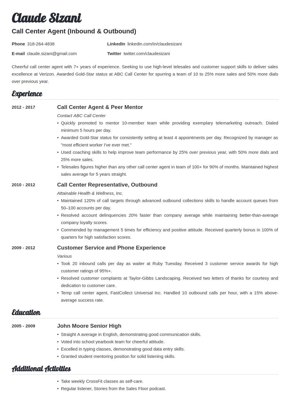 Call Centre CV Sample 25 Examples And Writing Tips