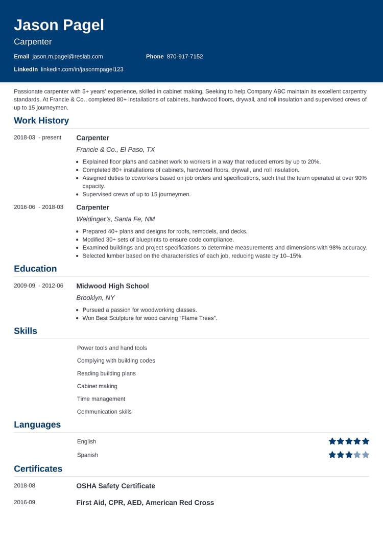 Carpenter Resume—Examples, Skills, Job Description & Guide