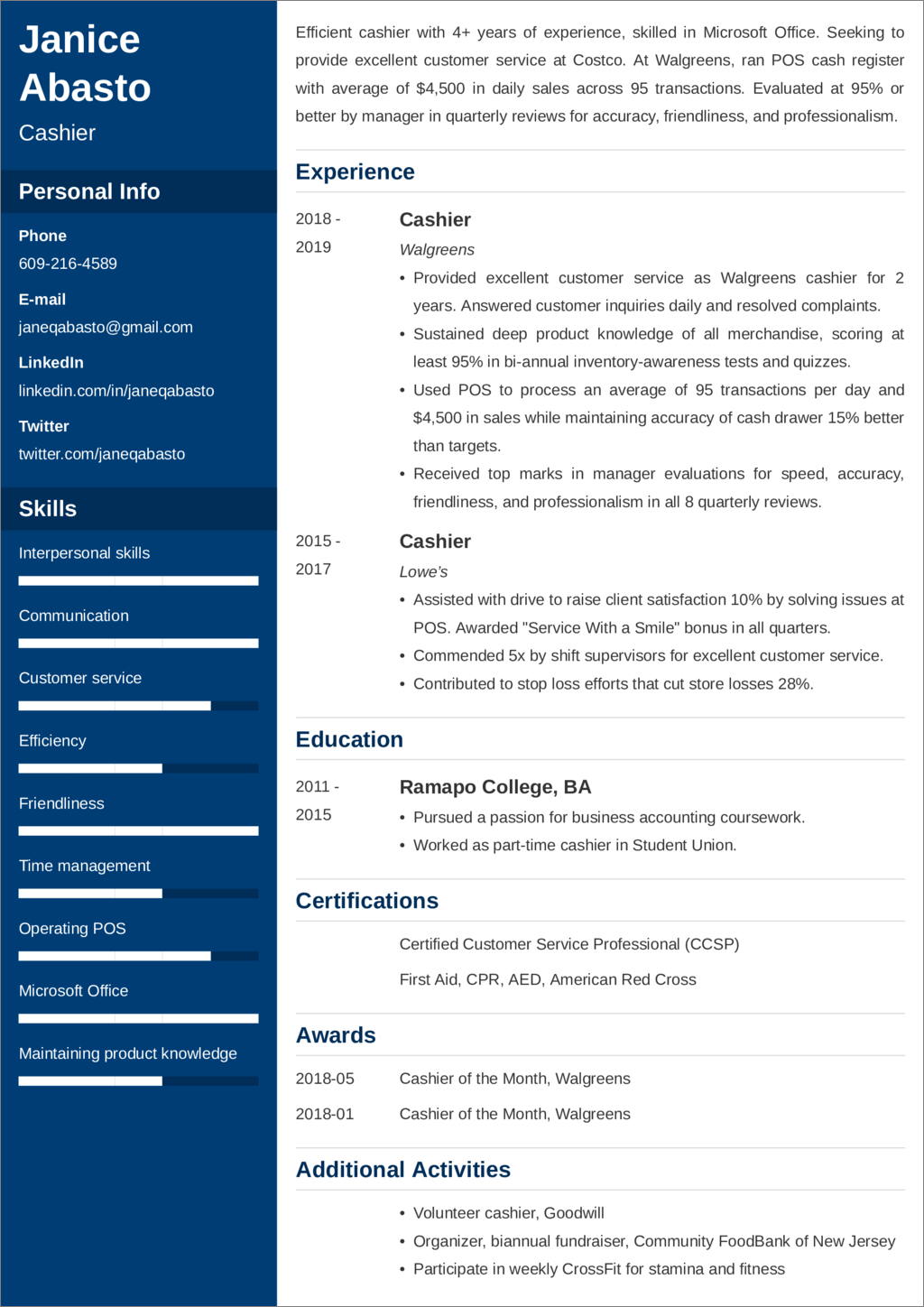 Cashier Resume Examples Job Description Skills 