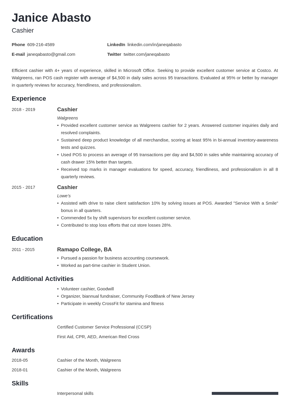 Cashier Resume Examples (+ Job Description & Skills)