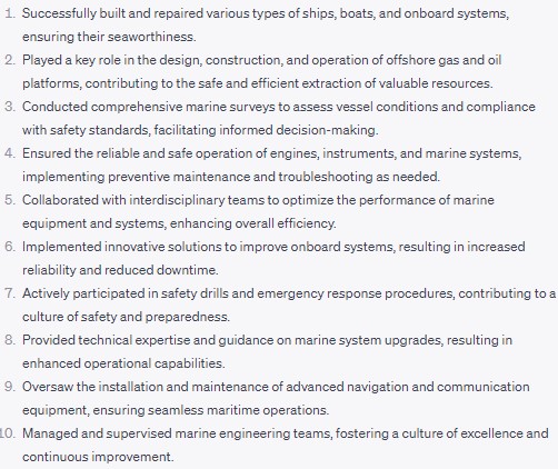 ChatGPT generated resume work experience bullet points for a marine engineer