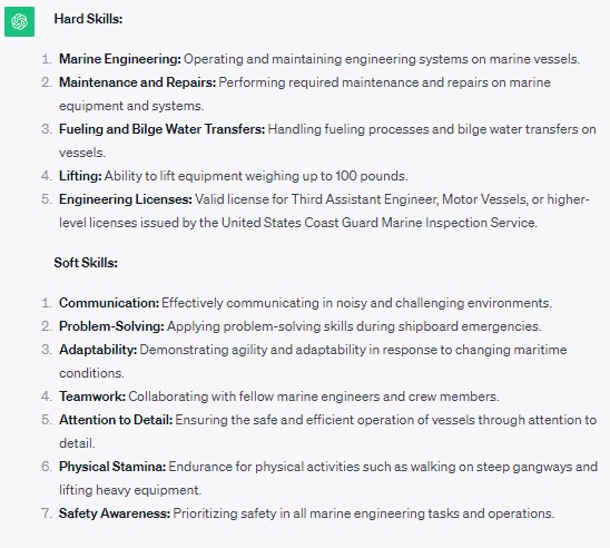 ChatGPT generated resume skills section for a marine engineer