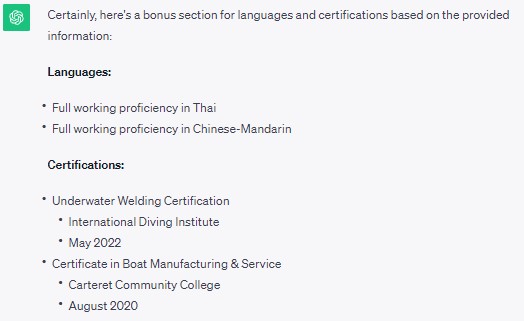 ChatGPT generated resume bonus sections for a marine engineer